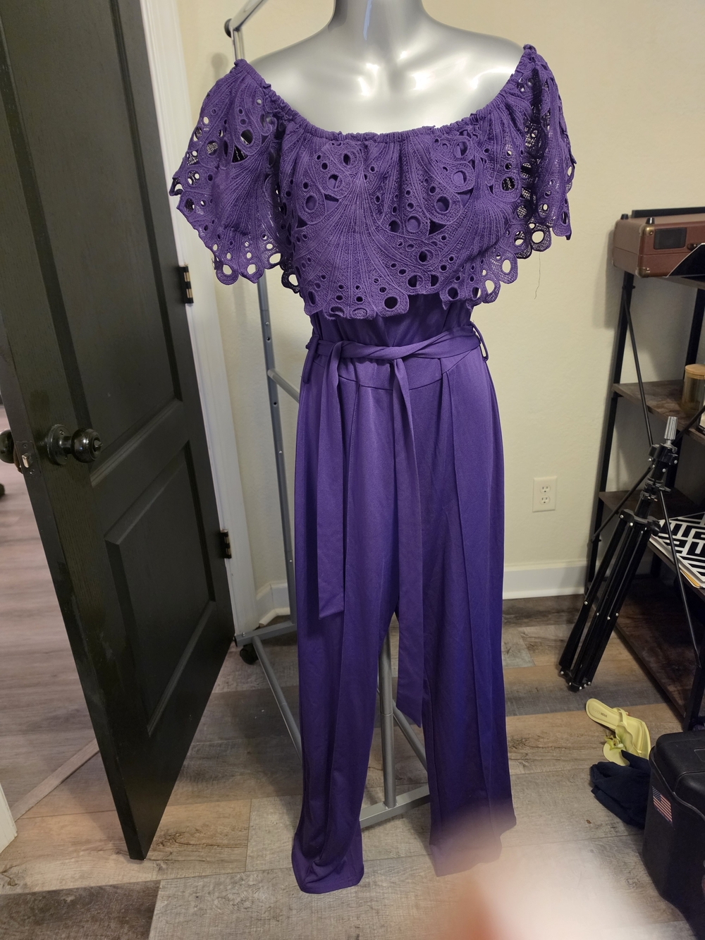 Amazon Purple Off-Shoulder Eyelet Jumpsuit with Waist Tie
